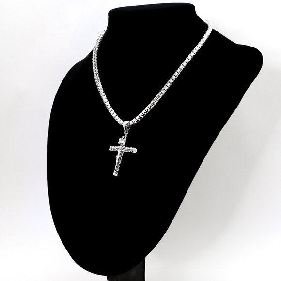 925 Sterling Silver Box Chain w Crucifix Pendant, 16", 3.8mm | Christian Cross - Picture 6 of 9